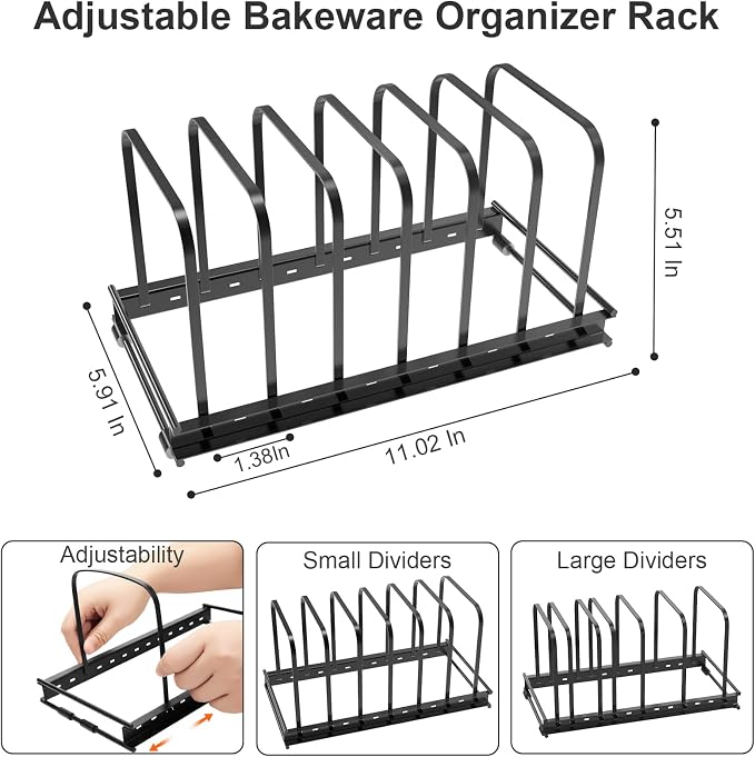 TEAMOLA Metal Cutting Board Organizer - Adjustable Bakeware Rack 2-Pack | Black Metal Kitchen Rack Organizer, Adjustable Holder Fits Pans Lids Sheets, Cabinet Counter Under Sink Caddy with 7 Slots
