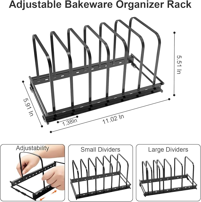 TEAMOLA Metal Cutting Board Organizer - Adjustable Bakeware Rack 1-Pack | Black Metal Kitchen Rack Organizer, Adjustable Holder Fits Pans Lids Sheets, Cabinet Counter Under Sink Caddy with 7 Slots
