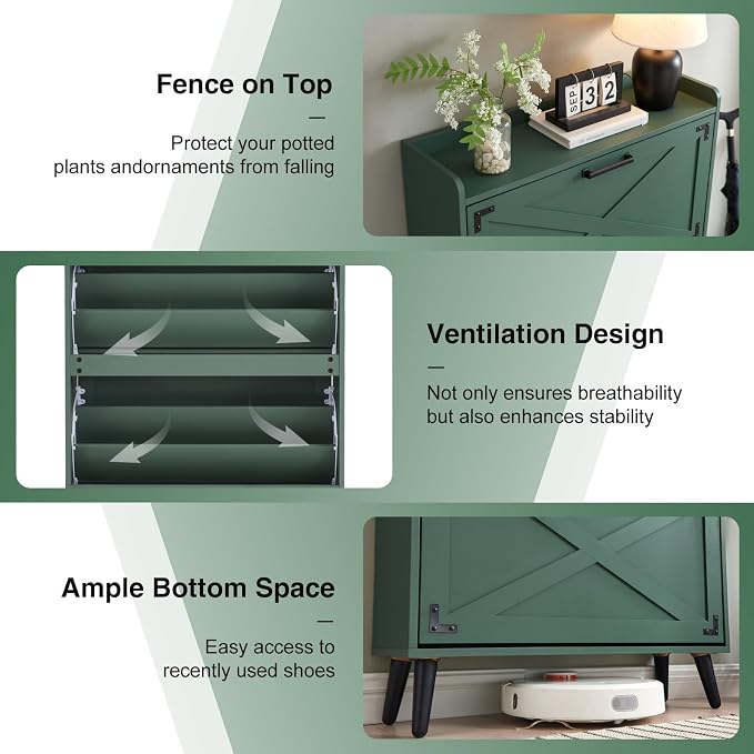 Barnyatoh Shoe Storage Cabinet,Farmhouse Shoe Organizer with 2 Flip Drawers & Barn Door Design,Freestanding Hidden Slim Narrow Shoe Rack Cabinet for Entryway,Foyer,Hallway,Green