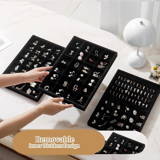 Large Stackable Jewelry Tray 4 Pack Velvet Jewelry Display Drawer Inserts Trays Organizer for Earring Bracelet Necklace Ring (Black, 24 Grids)