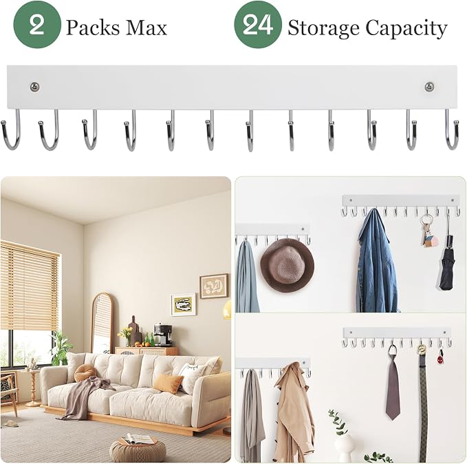 2 Pack Purse Organizer Wall Mount with 24 Rotating 180° Coat Rack, 14.6" Wooden Entryway Purse Holder, Wall Hooks for Hanging Belts, Ties, Keys, Scarf, Bras, Bag, Space Saving Hanger (White)