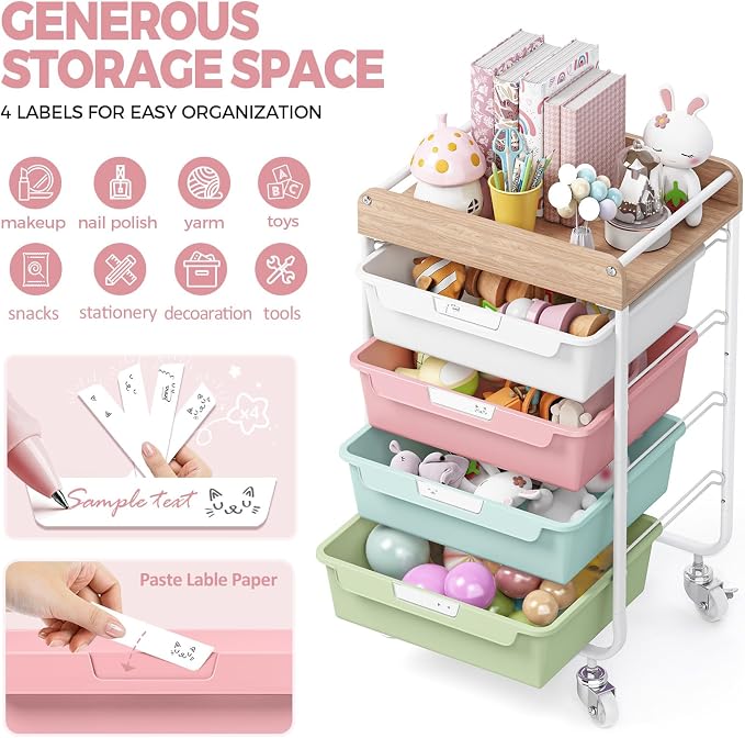 Rolling Craft Storage Cart with 4 Drawers,Utility Cart with Drawers,Art Craft Organizers and Storage,Kids Craft Cart,Kids Art Cart With DIY Lable and Wooden Tabletop Area,Colorful