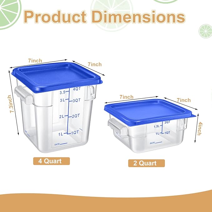 Barydat 4 Pcs Square Food Storage Containers with Lids Measurement Scales, 2qt & 4qt Clear Plastic Stackable Containers for Dough Proofing Baking Kitchen Restaurant and Pantry Organization(Blue)