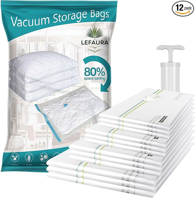 LEFAURA 12 in one pack Vacuum Storage Bags with Hand Pump, Small, Medium, Large and Jumbo size, Space Saving Compression Bags for Clothes, Bedding, Travel, Moving, 80% Storage Reduction