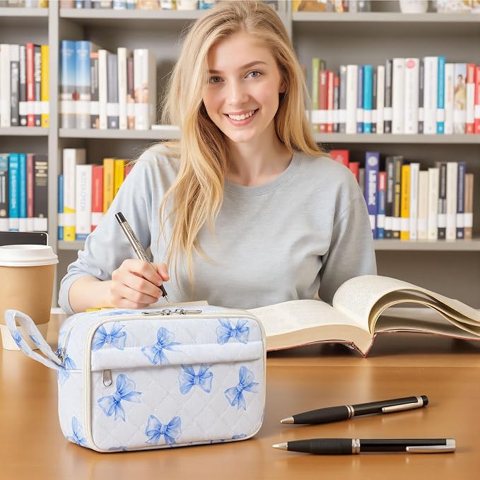 WOBAGMEN Quilted Pencil Pouch for Women, Large Capacity Pencil Case with Compartments, Cute Aesthetic Pencil Organizer, Floral Stationery Pouch（Blue Bow）