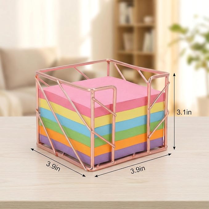 Sticky Note Holder, Multifunctional Sticky Notes Holder 3.9x3.9 Inches Desktop Organizer, Rose Gold Desk Accessories, Metal Gold Office Supplies for Home Office Decor