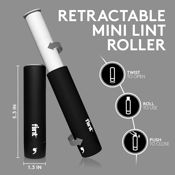 Flint Classic Black Retractable Mini Lint Roller with 30 Extra Sticky Sheets, Small and Portable Lint Roller, Ideal Pet Hair Remover, Travel Lint Rollers for pet Hair Extra Sticky