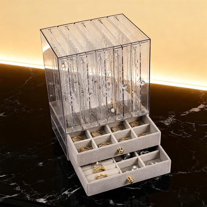 Greenfeather Jewelry Organizers and Storage, Clear Acrylic Jewelry Box with 40 Necklace Hooks 120 Pairs of Earring Holes 2 Velvet-Lined Drawers for Rings Necklaces Earrings