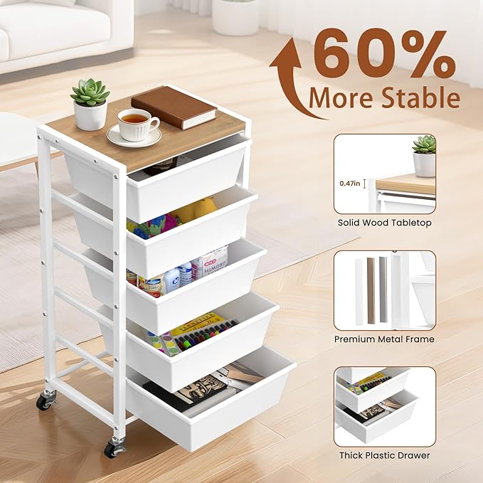 Rolling Cart with 5 Drawers, Plastic Drawer Storage Carts with Wheels & Wooden Tabletop, Metal Utility Cart for Office Bedroom Living Room Classroom, Craft Organization and Storage, White