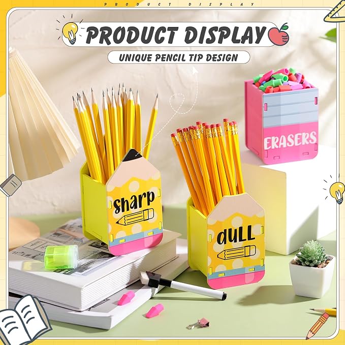 DoubleFill 3 Pcs Sharp and Dull Pencil Holder Eraser Buckets Wooden Shaped Dispenser for Back to School Teachers Classroom Management(Cute Circle)