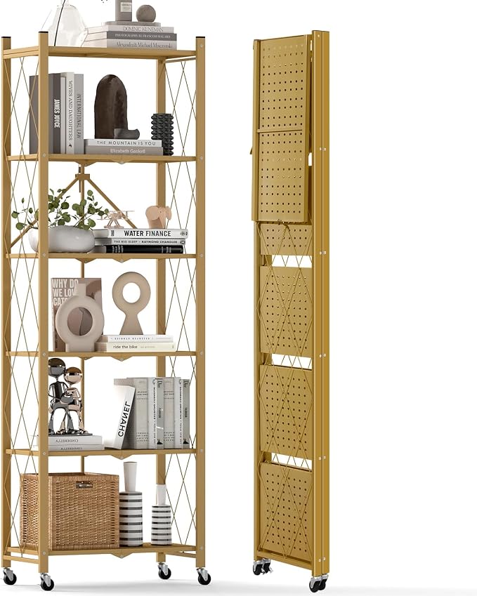 DEANIC 6-Shelf Folding Bookcase with Wheels, Heavy Duty Storage Shelves, Freestanding Metal Wire Shelving Unit for Living Room, Office, Kitchen, Basement, Pantry (Gold)