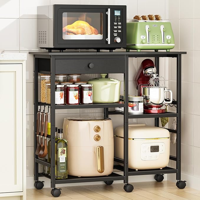 Microwave Cart, Microwave Stand with Wheels & Adjustable Shelf | Coffee Bar Table Station, 6-Tier Rolling Storage Cart Organizer Shelf for Living Room, Kitchen Island, Office, Black