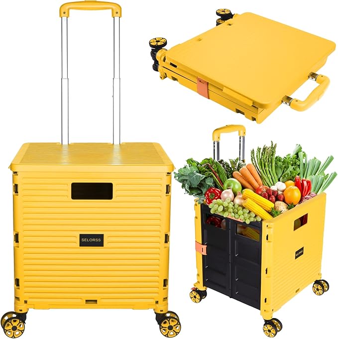 SELORSS Foldable Utility Cart Portable Collapsible Crate Rolling Carts with Wheels Rolling Tote Basket Teacher Cart with Lid Wear-Resistant 360°Rotate Wheel Noiseless for Shopping Storage Office Use