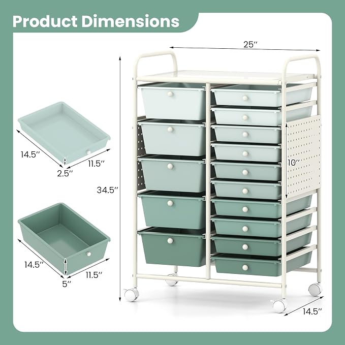 DREAMADE 15-Drawer Rolling Storage Cart, Craft Cart, Gradient Green | Mobile Utility Cart with Metal Pegboard Panels, Tabletop and Lockable Wheels for Classroom, Office, Studio and Playroom