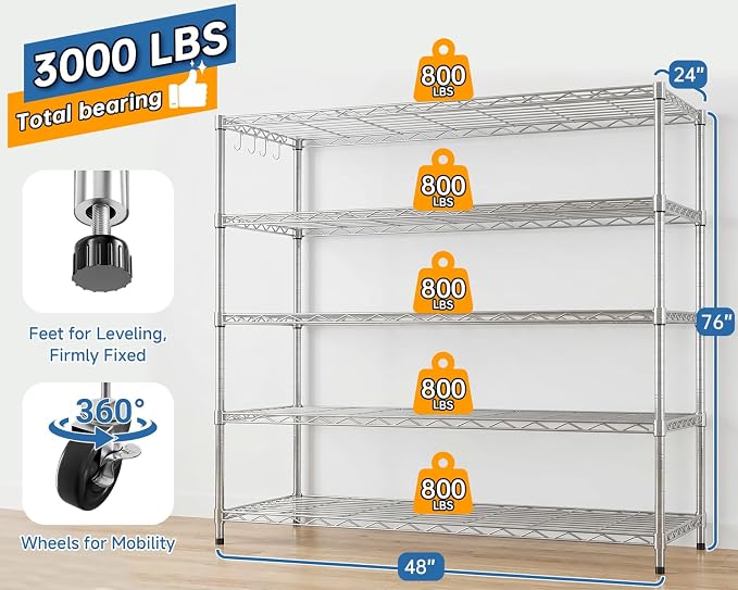 48" W Garage Shelving with Wheels Storage Shelves 5 Tier Wire Shelving Adjustable Metal Storage Shelves for Garage, Basement, Warehouse, Commercial, Industrial, 48" W x 81" H x 24" D 4Pack