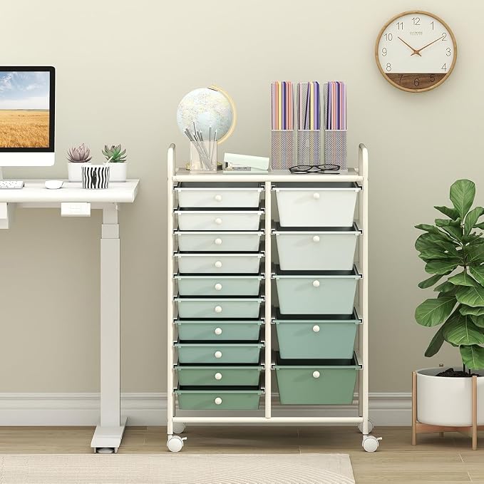 Rolling Cart with 15 Drawers, Utility Cart with Removable Storage Drawers, Lockable Wheels, Art Cart for Home Office Living Room Art Supplies Crafts Paper Scrapbook (Gradient Green)