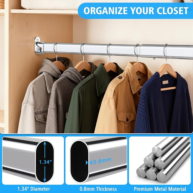 Premium Chrome Oval Closet Rod for Hanging Clothes 18.2 to 31 Inch, Includes End Supports, Adjustable Wardrobe Tube, Heavy Duty Extendable Closet Pole, Carbon Steel