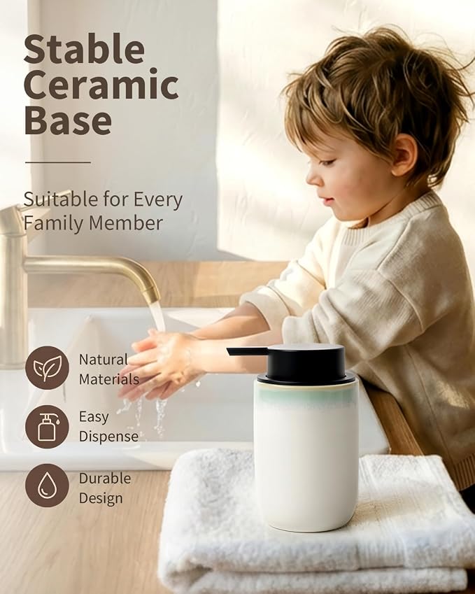 BosilunLife Hand Soap Dispenser for Kitchen, Bathroom Countertop | Foam Soap Dispenser Bathroom Ceramic Dish Liquid Soap Dispenser (White with Blue-Green Rim Liquid Pump)