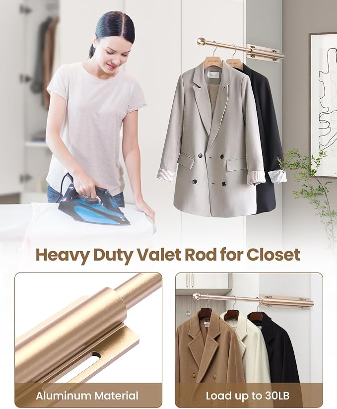Supforce 14" Valet Rod for Closet Pull Out, Retractable Slide Out Valet Rod Closet Organization, Aluminum Valet Clothing Hanger Rods Perfect for Suits, Dresses & Freshly Pressed Clothes, Gold