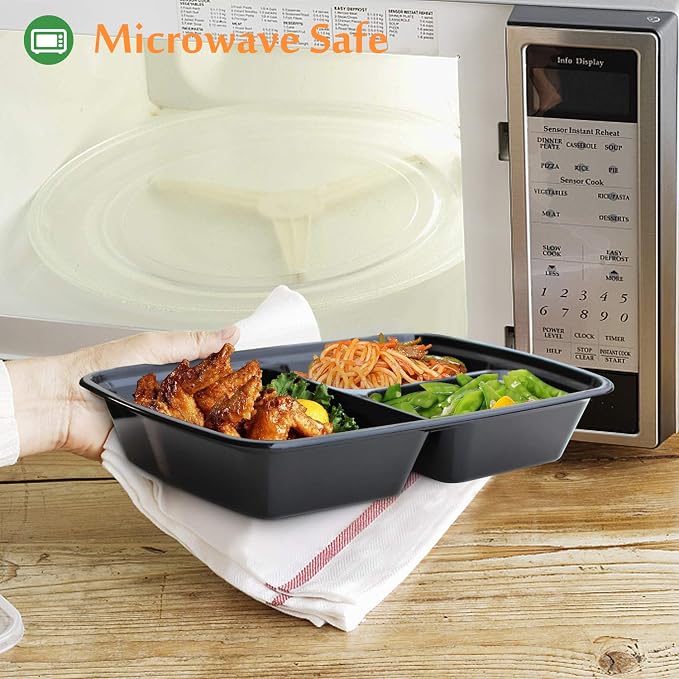Enther Meal Prep Containers with Lids 20 Pack 3 Compartment Food Storage Bento Lunch Box BPA Free, Reusable, Microwave/Dishwasher/Freezer Safe, 24oz Black Small