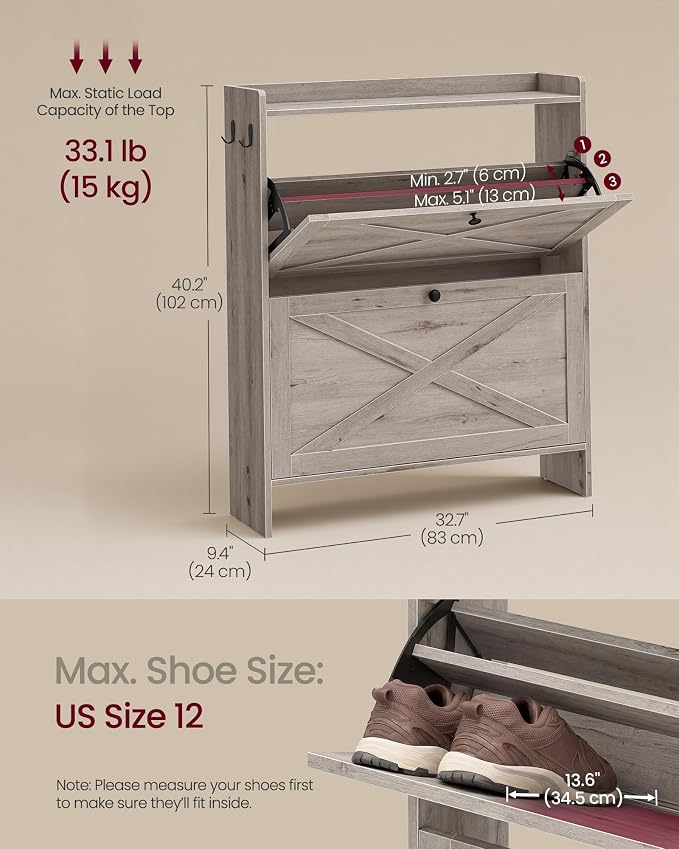 VASAGLE Shoe Storage Cabinet Organizer with 2 Flip Drawers, Freestanding Narrow Shoe Rack Cabinet for Entryway, Farmhouse Style, Fits 14 to 16 Pairs, Washed Gray UHSC203GD01