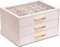 VLANDO Jewelry Box for Women, Glass Lid Jewelry Organizer with 3 Drawers for Necklaces Rings Earrings Bracelets - Light Pink