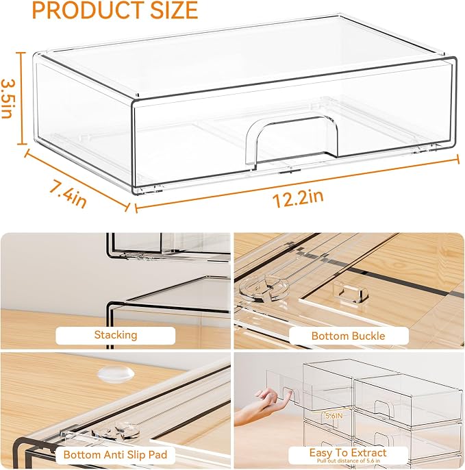 2 Pack Acrylic Drawer Organizer,12.2''W Clear Stackable Storage Drawers,Acrylic Boxes for Storage Makeup Palettes,Cosmetics,Pull Out Bathroom Storage Bins for Hair Products,Medicine Cabinet Organizer