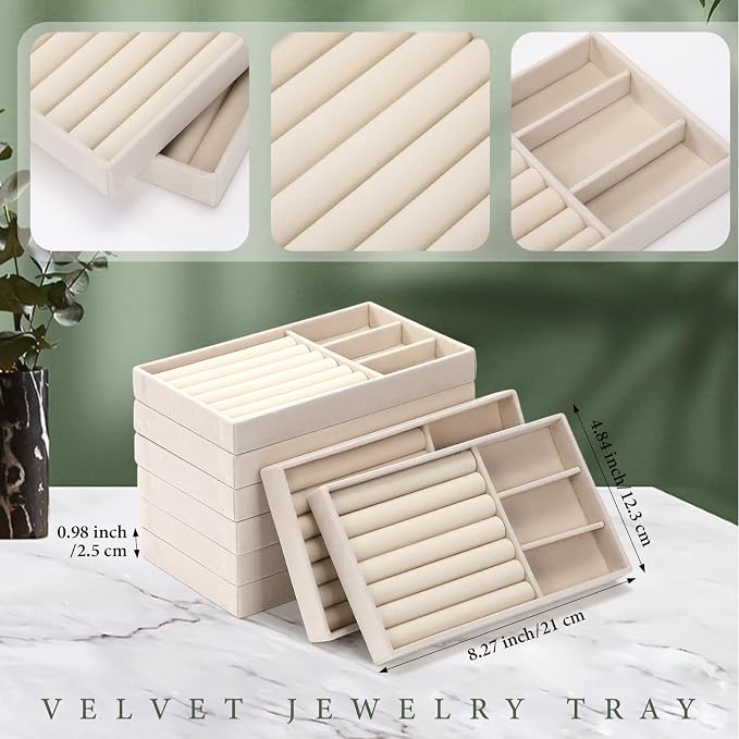 Highergo 8 Pcs Velvet Jewelry Trays Stackable Drawers Organizer Ring Earring Bracelet Necklace Storage Trays, 8.3x4.7x1''(3 Grids,7 Slots)