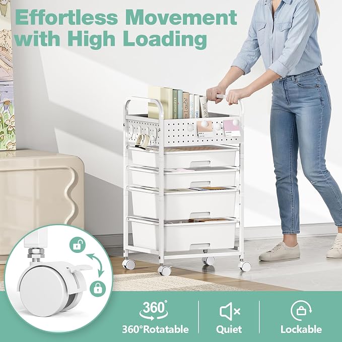 4 Drawer Rolling Storage Cart with Pegboard Top and Hooks, Mobile Organizer Cart with Wheels for Office Supplies, Craft Storage, Classroom Organization, Home Utility Cart, White