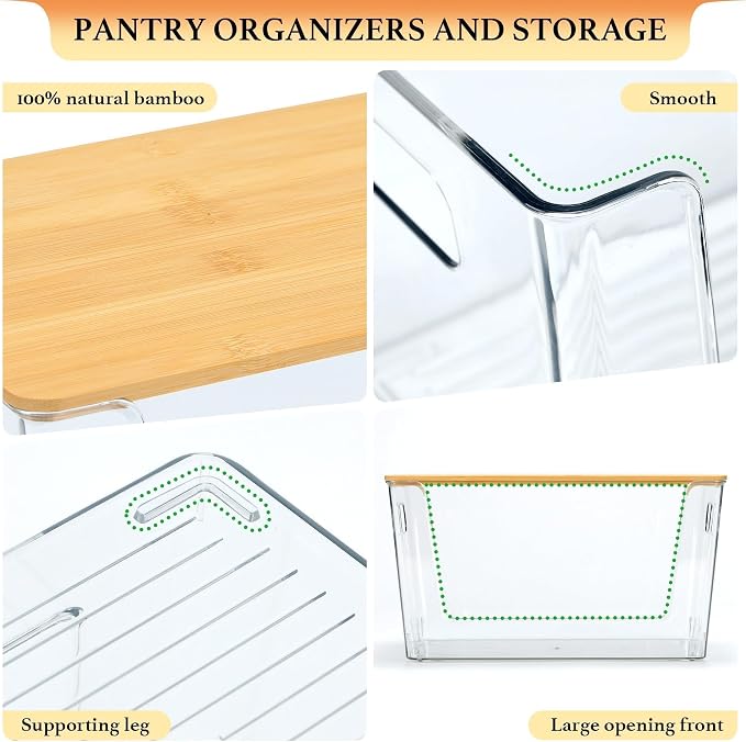 CiWiVOKi 2 Set Pantry Organizers and Storage - Clear Stackable Bins with Bamboo Lid for Fruit, Onion, Potato, Vegetable - Trash Bag Holder Dispenser Under Sink Organizer for 4-13 Gal Bags