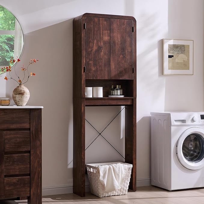 Over the Toilet Storage Cabinet, 69.69" Curved Bathroom Storage Organizer Cabinet with Doors and Adjustable Shelves, Wooden Free Standing Toilet Space Saver Rack, Brown