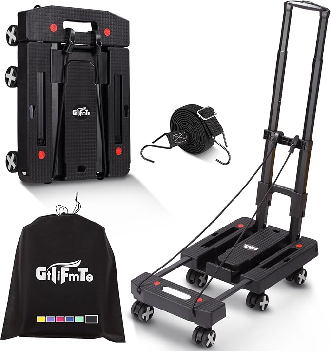 Folding Hand Truck Lightweight Hand Truck Dolly Foldable,Luggage cart with 6 Rotate Wheels, Utility Cart with Adjustable Handle,Collapsible Dolly for Moving (Black)