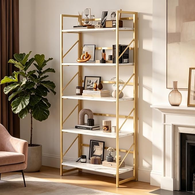 JSB 5 Tier No Assembly Folding Bookshelf, Foldable Storage Bookcase for Home Office, Space-Saving Storage Shelf for Living Room, Bedroom, Office (White&Gold)