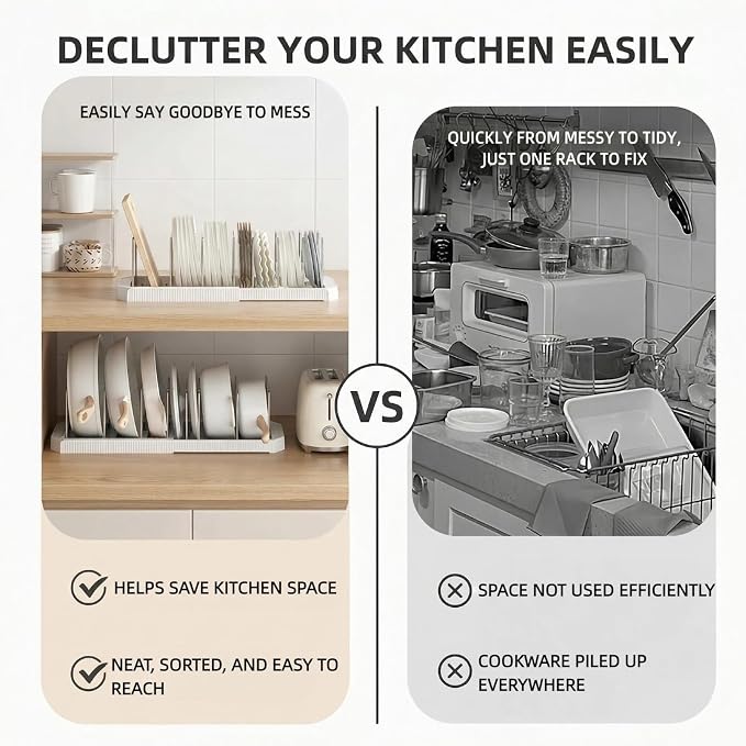 Expandable Pot and Pan Organizer for Under Cabinet, 12.9-22 Inch Adjustable Lid Kitchen Cabinet Organizer Holder with 7 Stainless Dividers, Cabinet Storage Holder for Lids Bakeware Cutting Boards