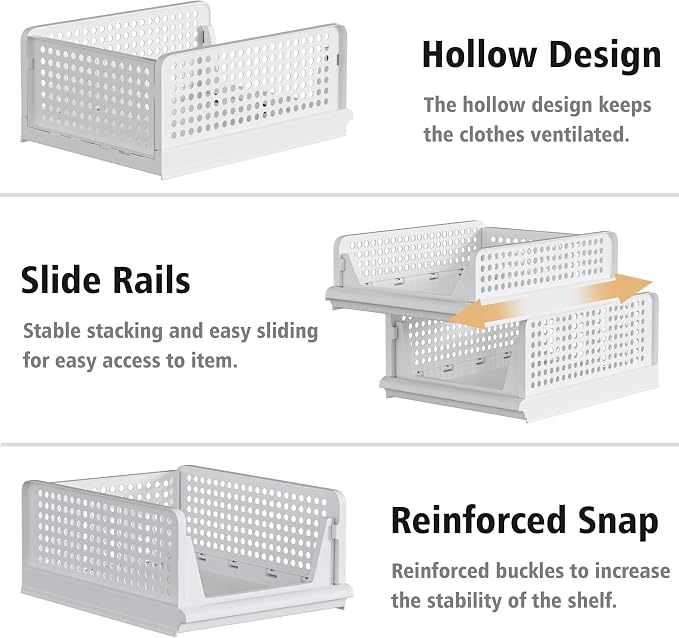 Proarea Stackable Closet Storage Bins, 5 Pack Closet Organizers and Storage, Open Front Plastic Shelf Baskets, Foldable Organizer Bins for Clothes, Towels and Linens, White