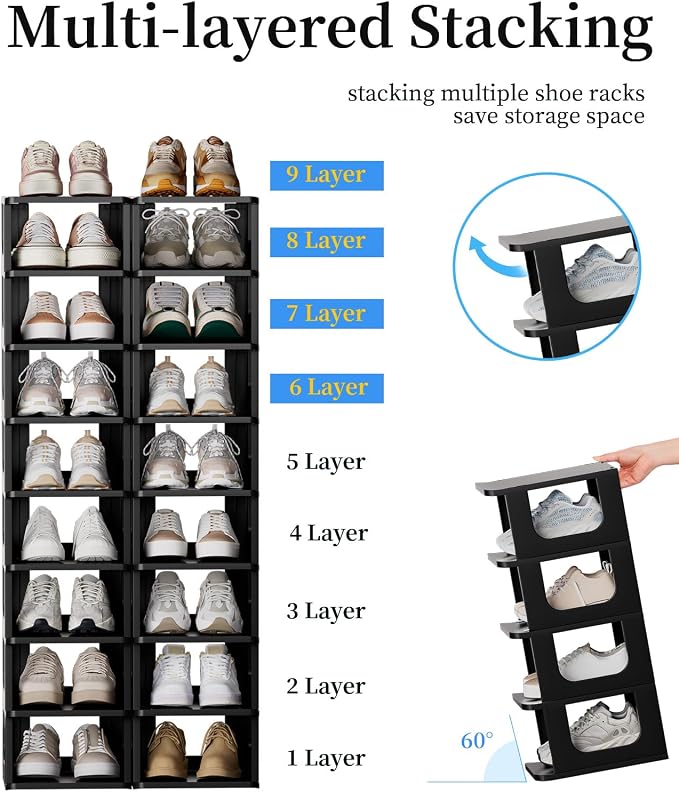 HAIXIN 5-Tier Shoe Rack for Small Spaces Narrow Shoe Organizer | for tight spots, dorms, rvs, stack multiple tiers, removable shelves for boots, narrow size for kids, women, modular design