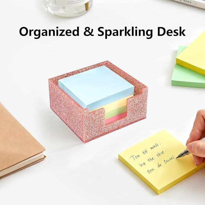 Acrylic Sticky Note Holder 4x4in Tray for Desk, Light Pink Glitter | Sparkling glitter acrylic tray, fits 3x3 sticky notes, compact organizer for office school and home