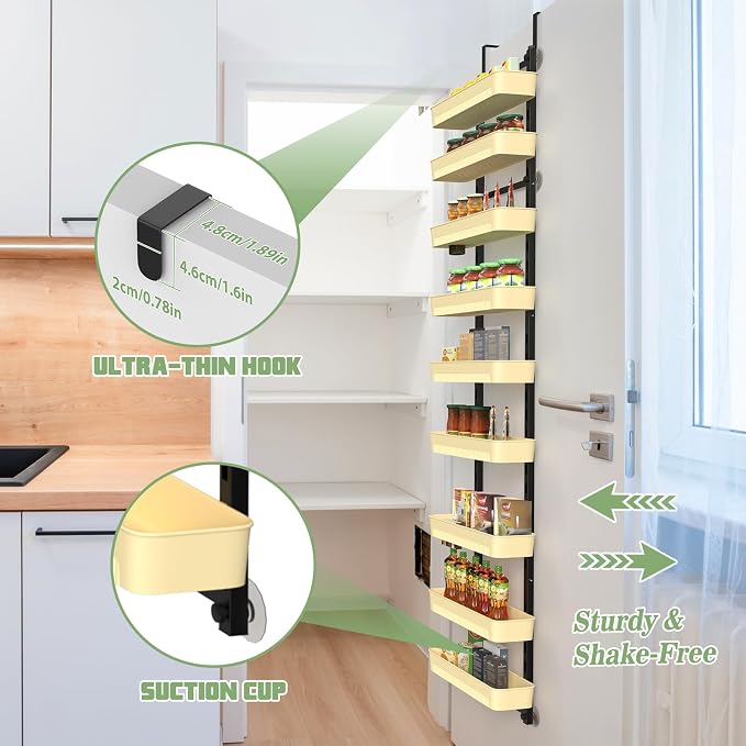 ETELI 9-Tier Over the Door Pantry Organizer with Adjustable Baskets, Metal Hanging Spice Rack, Multipurpose Over the Door Storage for Kitchen, Pantry, Bathroom and Home Organization, White