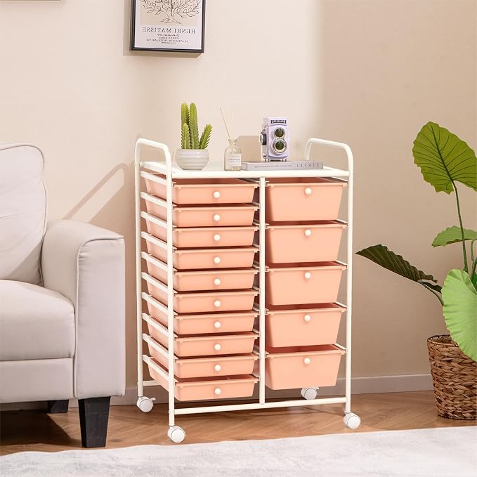 DREAMADE Rolling Cart with 15 Drawers, Rolling Drawer Organizer Cart w/Lockable Wheels, Removable & 2-Sized Storage Drawers, Art Cart for School Home Art Supplies Crafts File Scrapbook