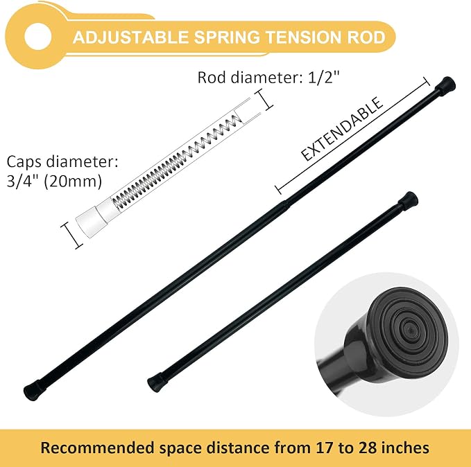 KXLife Tension Curtain Rod Adjustable 17-28", Small Spring Rod, 3Pcs | Black, No Drilling, Expandable Spring Loaded, Suitable for Window, Kitchen, RV, Camper, Refrigerator