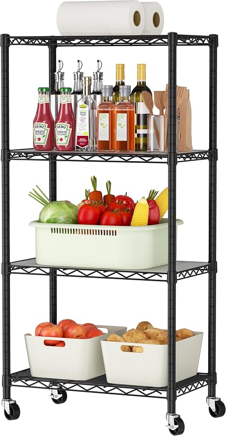 Golpart Shelves Storage Shelf Wire Closet Bathroom Organizers Metal Pantry | 4 tier Kitchen Garage Shelving Unit Laundry Room Organization Home Rack Net Basket Black with Wheels 14”D X 24”W X 48.9”H