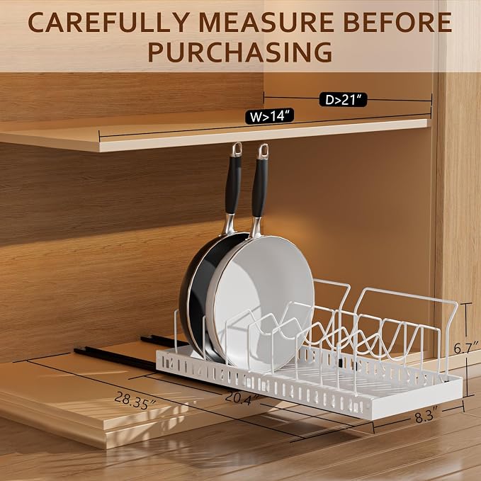 White Pull Out Pot Lid Organizer, Cabinet Pan Rack, 10 Dividers | 2-pack black carbon steel rack, 16 adjustable dividers, quiet slide rails, adhesive or screw mount for lids, pans, bakeware