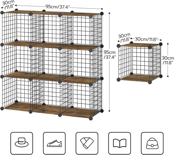 HOOBRO Wire Cube Storage Organizer, 6-Cube Metal Storage Shelves, Modular Closet Organizer, DIY Closet Cabinet for Home, Living Room, Office, Rustic Brown and Black BF09CW01