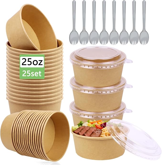 25 Pack 25oz Disposable Kraft Paper Bowls with Lids and Forks, Meal Prep Containers Disposable Soup Serving Bowls Take Out Containers for Party, Microwave Safe for Hot/Cold Food (Round)