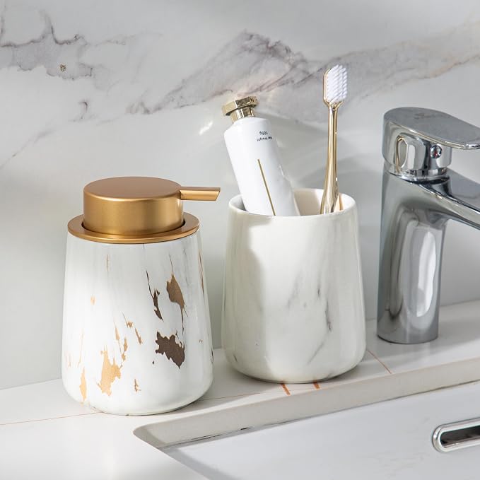 Enra Ceramic Soap Dispenser, 12 oz Gold Marble Hand Lotion Dispenser, Wide-Mouth Refillable Dish Soap Dispenser, Modern Liquid Soap Dispenser for Kitchen & Bathroom Countertop Decor