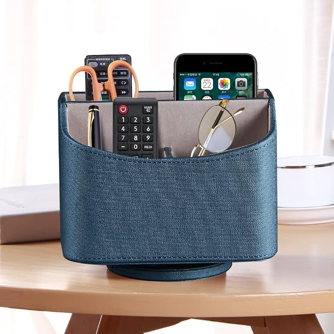 PUSU TV Remote Control Holder,PU Leather 360 Degree Rotatable Remote Caddy | Nightstand Organizer/Desk Storage Box for Media Play,Controllers,Stationery,iPad,Phone,Pen/Pencil Cosmetic,Office accessories