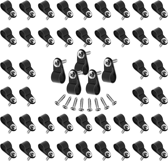 1/2 Inch Nylon Cable Clamps, Black, 60pcs R-Type Wire Cable Clips | M4 Screws Included, Screw Mounting Cord Fastener, Wire Conduit Clamp, for Wire Management
