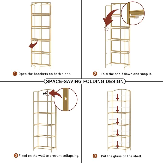 Crofy 5-Tier Foldable Bookshelf, Gold Frame & Transparent Shelves | No-Assembly Collapsible Portable Storage Organizer; Sturdy Transparent Shelves; Ideal for Living Room & Home Office