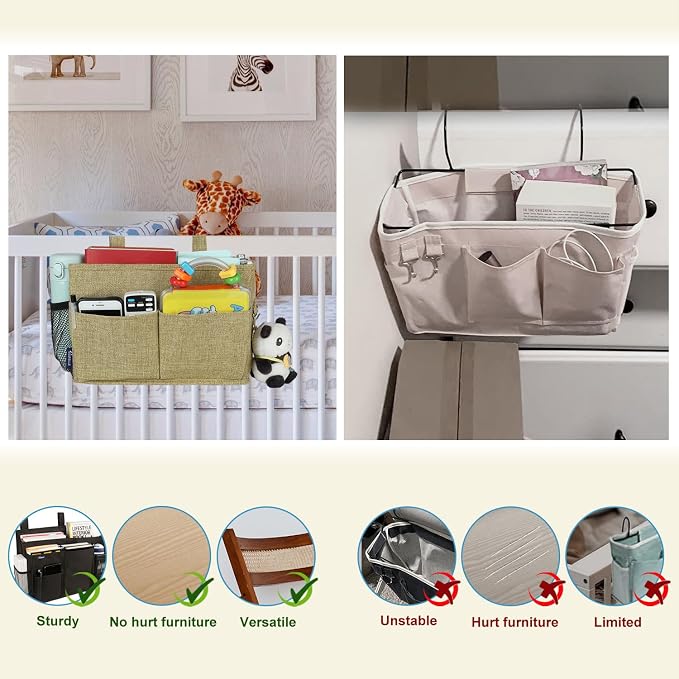 Surblue Bedside Caddy Hanging Bed Organizer Storage Bag Pocket for Bunk and Hospital Beds, College Dorm Rooms Baby Bed Rails, Camp 4 Pockets and 2 Hooks (Small,Linen)