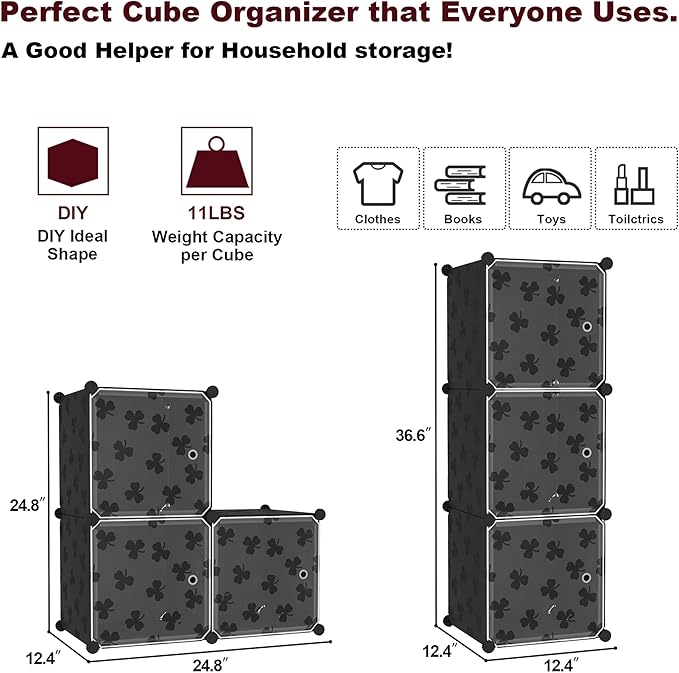 C&AHOME Cube Storage Organizer with Doors, 3-Cube Shelves, DIY Plastic Modular Bookshelf, Closet Clothes Storage Shelving Ideal for Bedroom, Living Room, Clover Embossed, Black